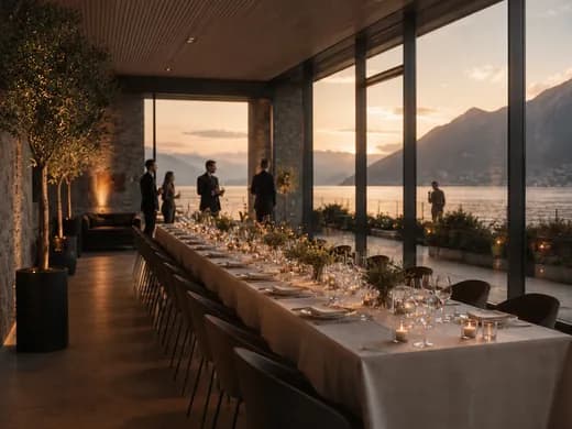 Hall with lake view and a long table