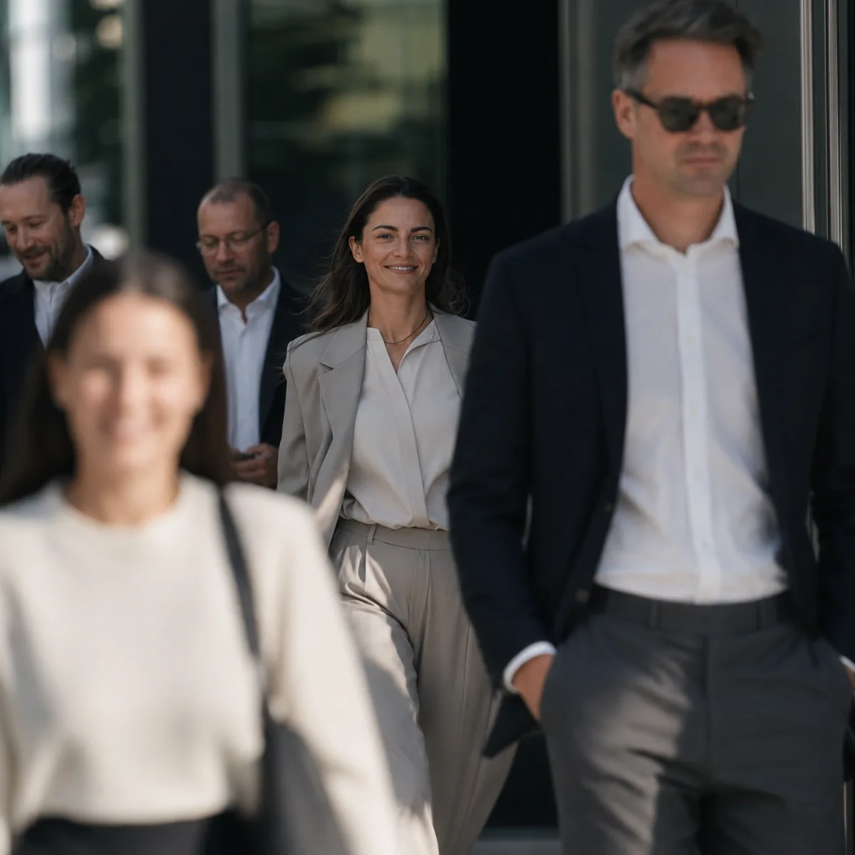 Team eines Unternehmens vor dem Bürogebäude